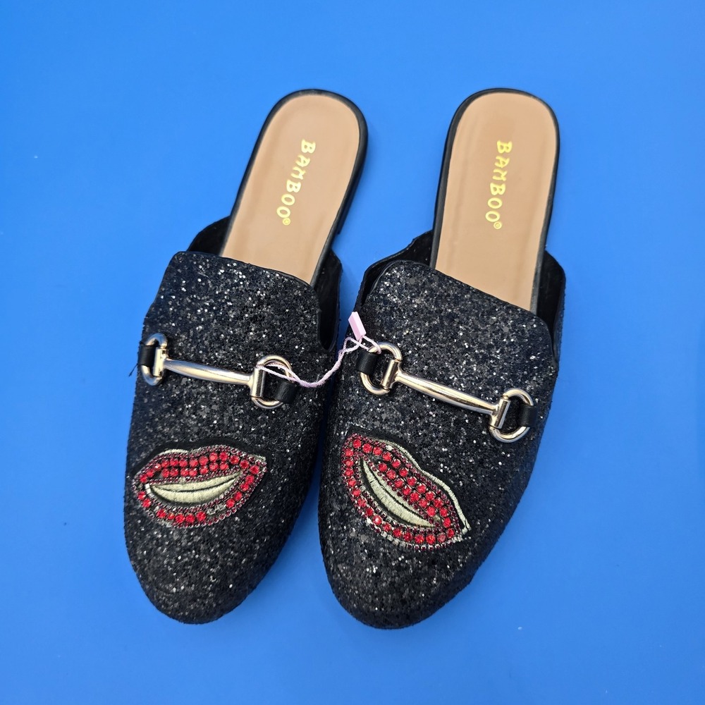Women's Bamboo Jackpot, Black‎ Glitter Red LIPS  Mules 8M US 38 EU New